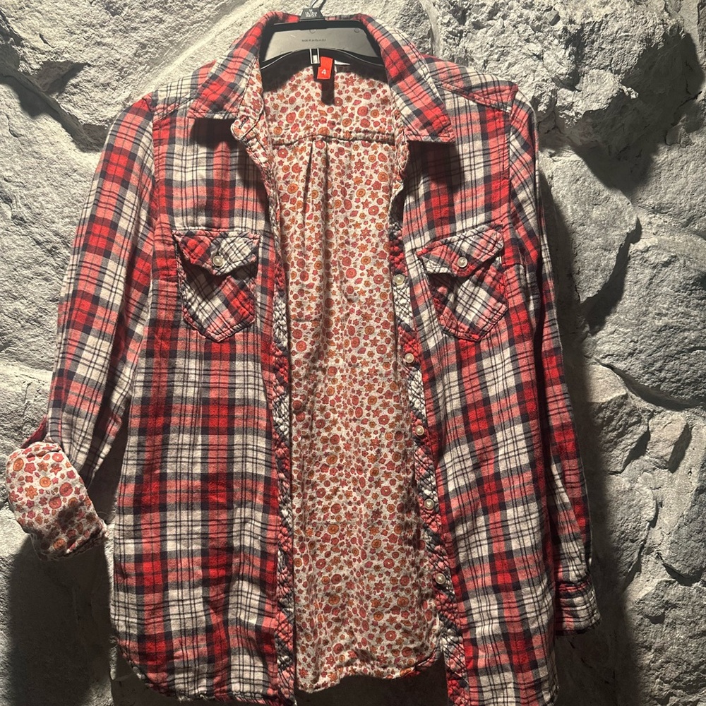Pink and White Plaid Shirt with Floral Lining